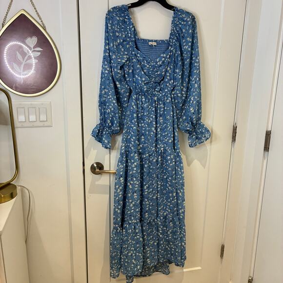Moon River Blue Floral Cut Out Chiffon Midi Dress Small - Picture 3 of 11
